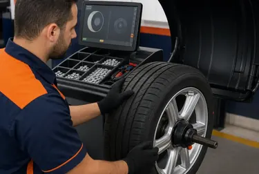 Profissional fazendo balanceamento de rodas em uma borracharia.