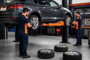 Profissional realizando rodízio de pneus em uma borracharia.